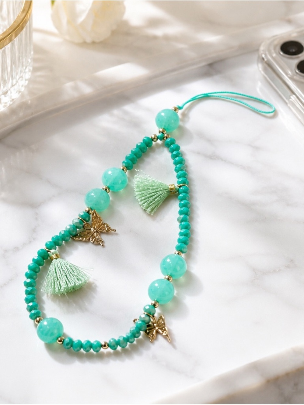 Mint-Green Beaded Phone Charm with Gold Butterfly Accents